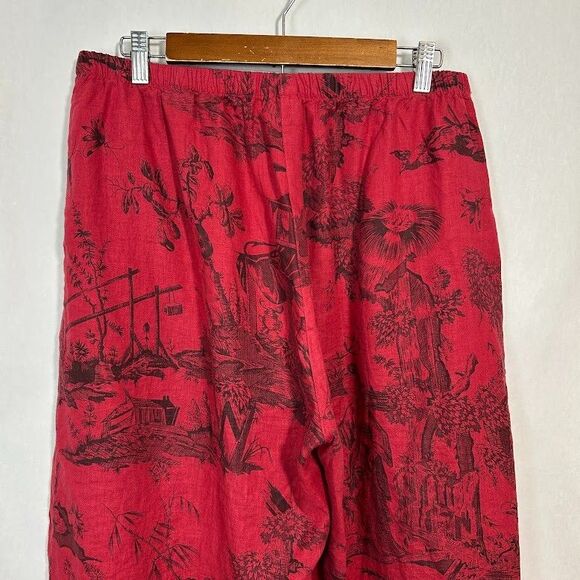 Kleen Womens Linen Wide Leg Pants L Red Asian Inspired Crop Pull On Lagenlook - Picture 4 of 8